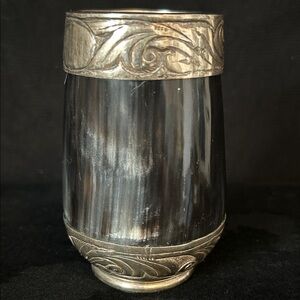 Antique Artisan Animal Hirn Ana Plata Hand edged Silver Accents On Drinkig Vasee